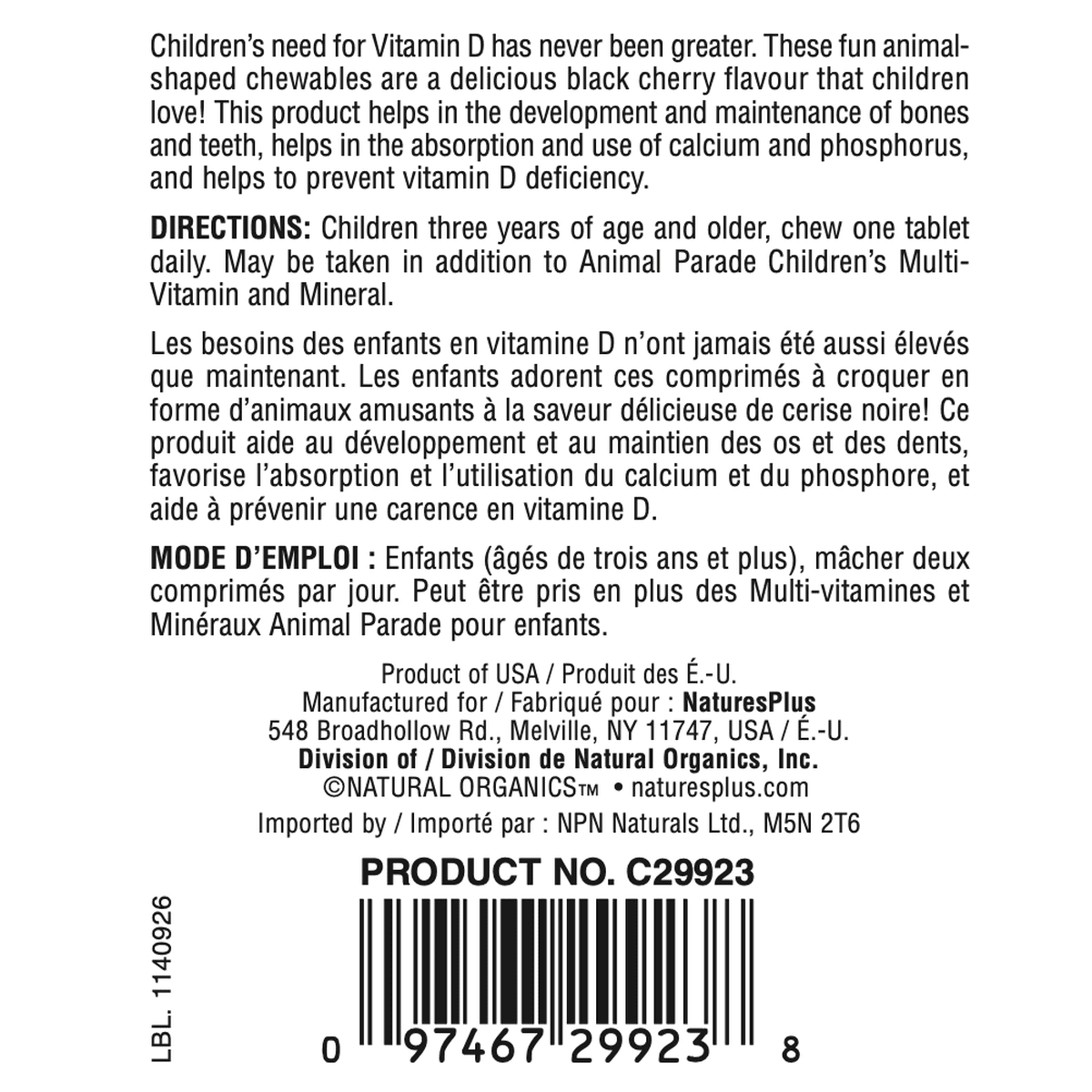 Animal Parade Sugar Free Vitamin D3, Children's Chewables, Black Cherry  Natures Plus
