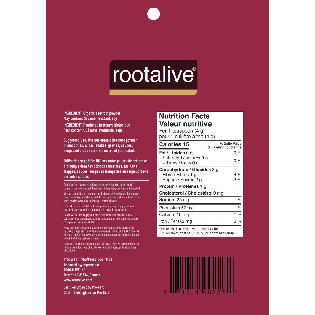 Organic Beetroot Powder  Rootalive Inc.