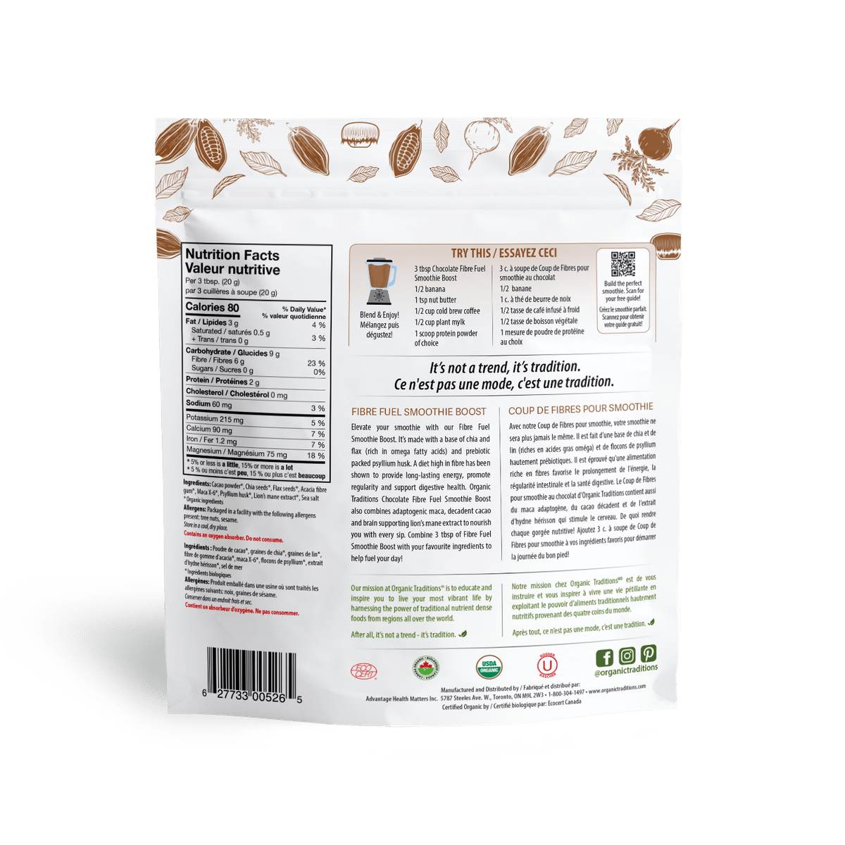 Organic Chocolate Fibre Fuel Smoothie Boost  Organic traditions