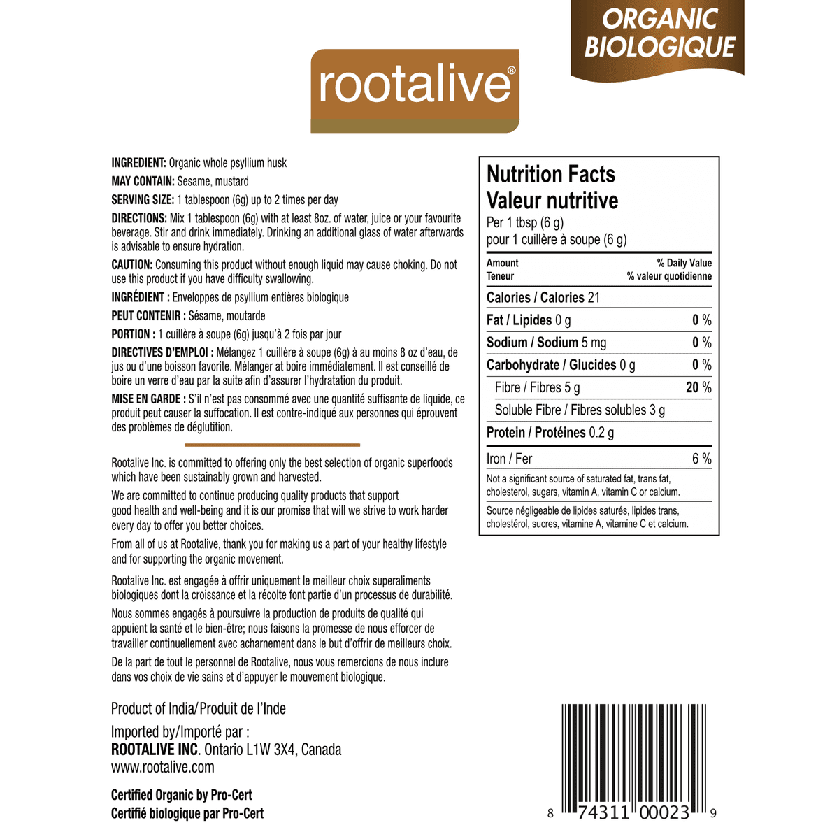 Organic Whole Psyllium Husk  Rootalive Inc.