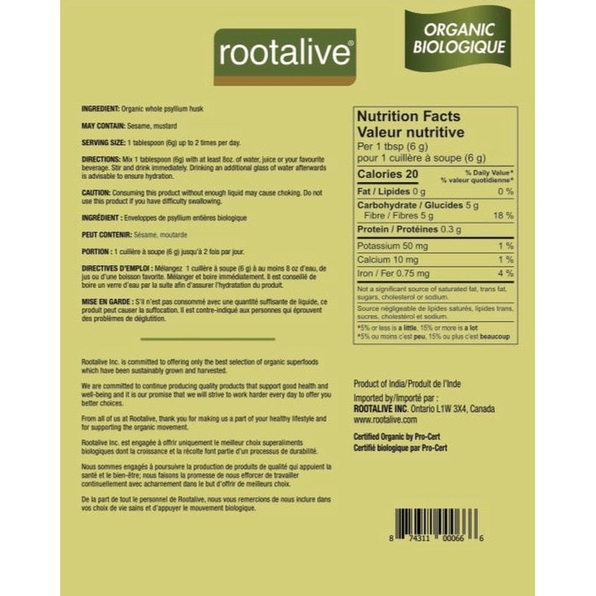 Organic Whole Psyllium Husk  Rootalive Inc.