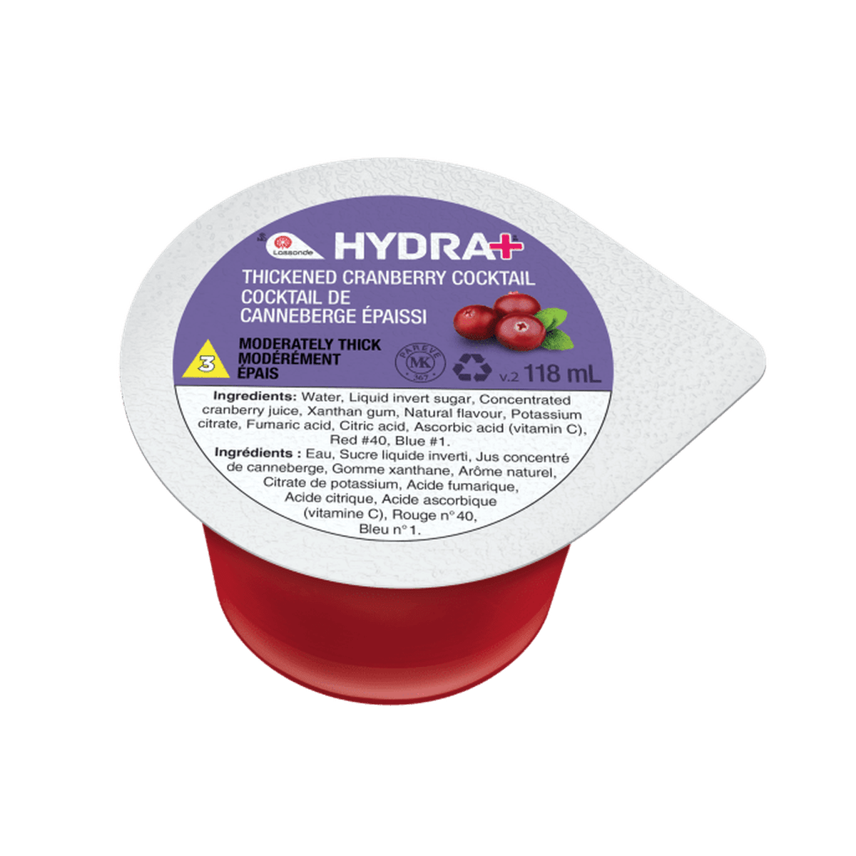 Hydra+ Thickened Cranberry Cocktail IDDSI 3  Lassonde Hydra+ 24 X 118 mL