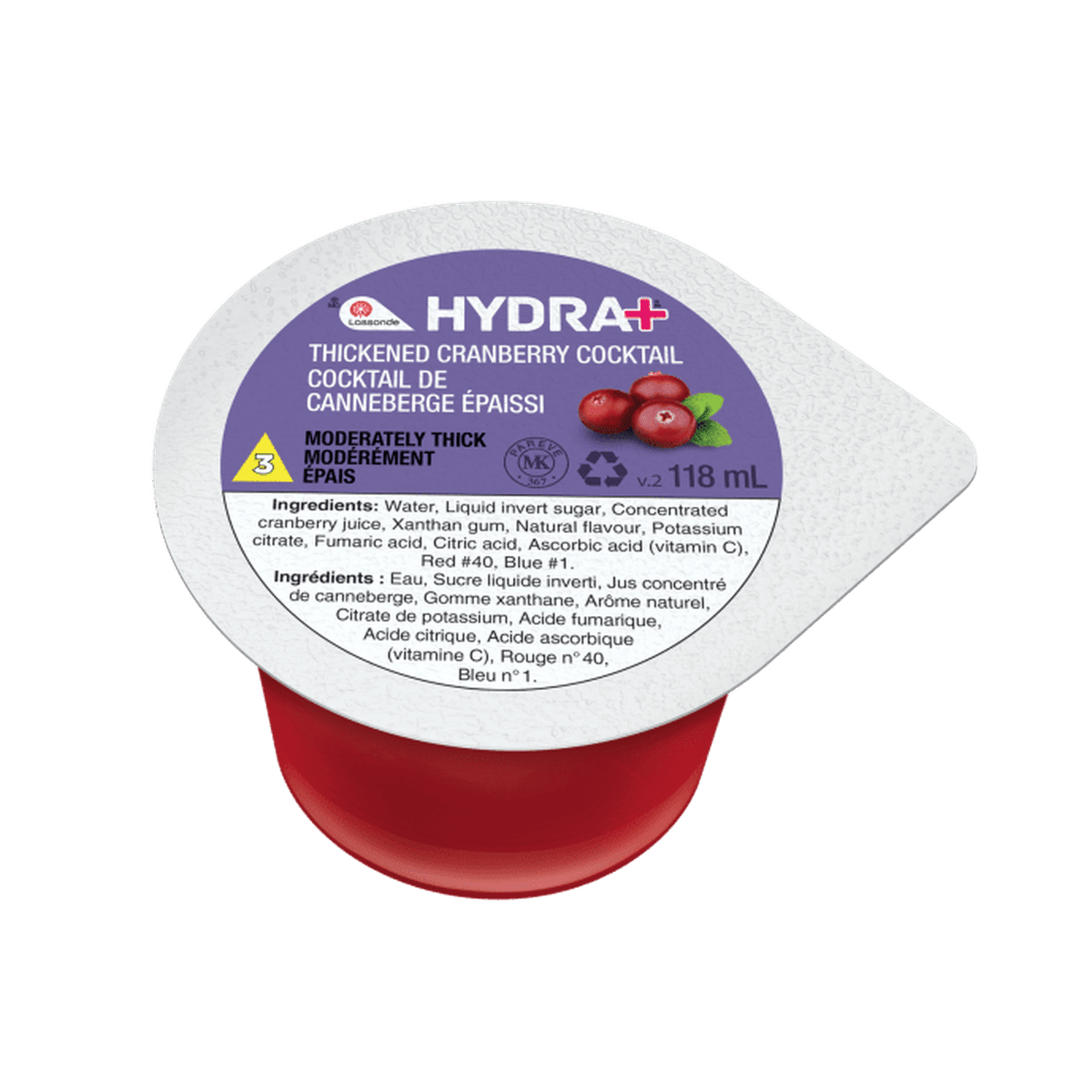 Hydra+ Thickened Cranberry Cocktail IDDSI 3  Lassonde Hydra+ 24 X 118 mL  